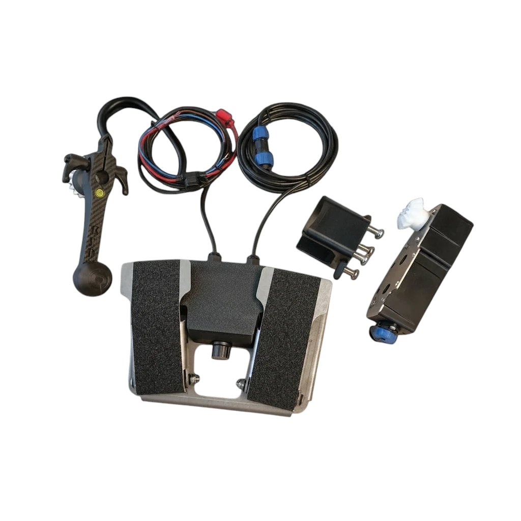Kit moteur et pédalier Crisafish pour perche KED, incluant variateur de vitesse, câblage et accessoires de montage.