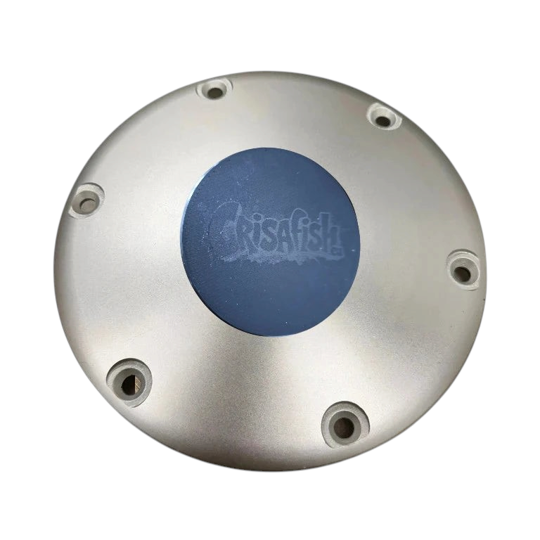 Bouchon d'étanchéité Crisafish pour embase de siège Springfield, finition argentée avec logo bleu, diamètre 6,03 cm