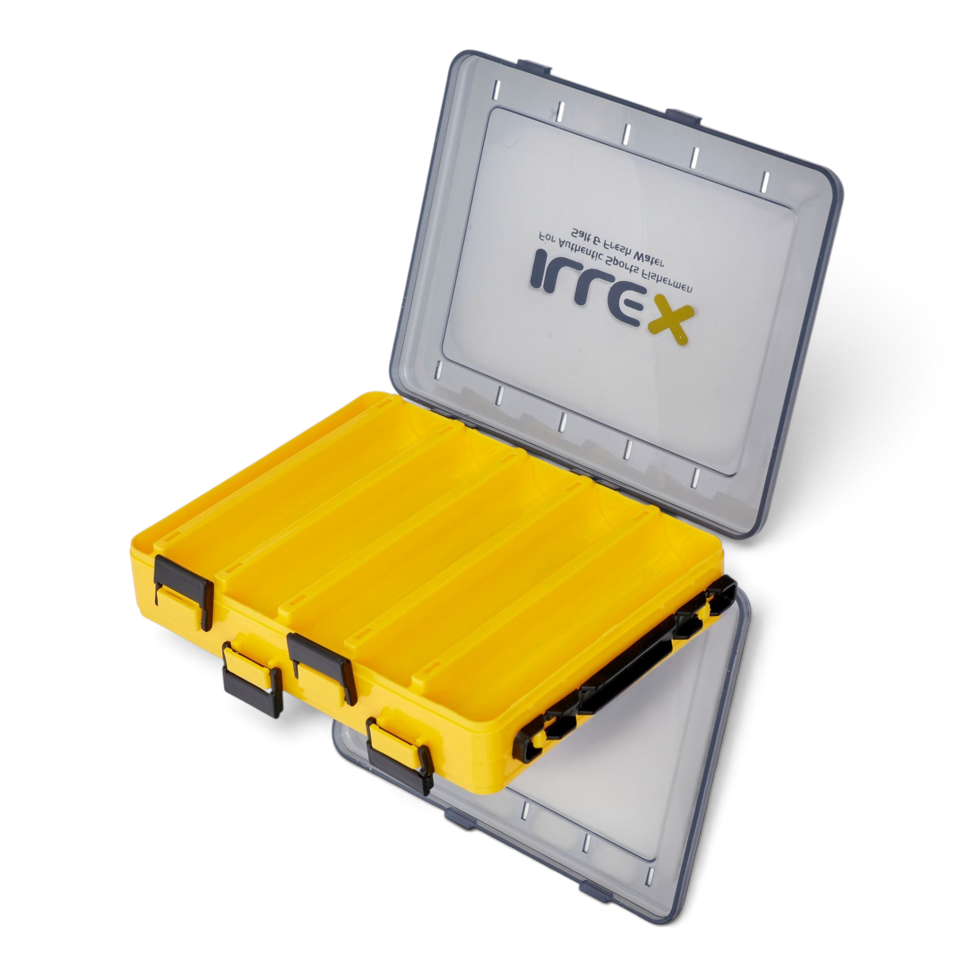 Boîte de rangement pour leurres ILLEX Crisafish jaune avec couvercle translucide et compartiments modulables