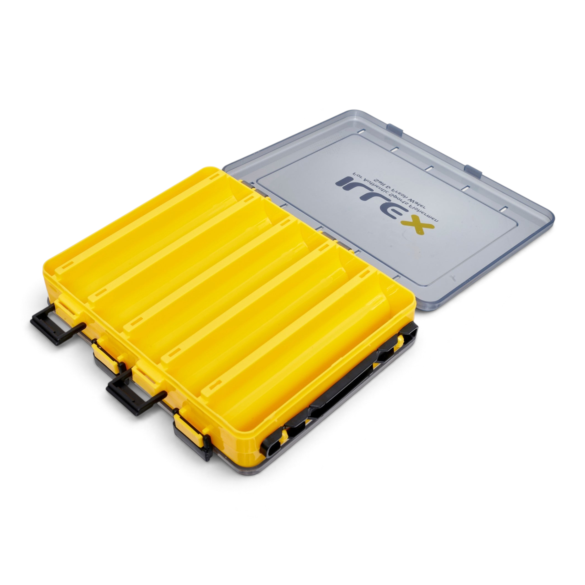Boîte de rangement pour leurres Crisafish Illex avec compartiments jaunes et couvercle translucide ouvert