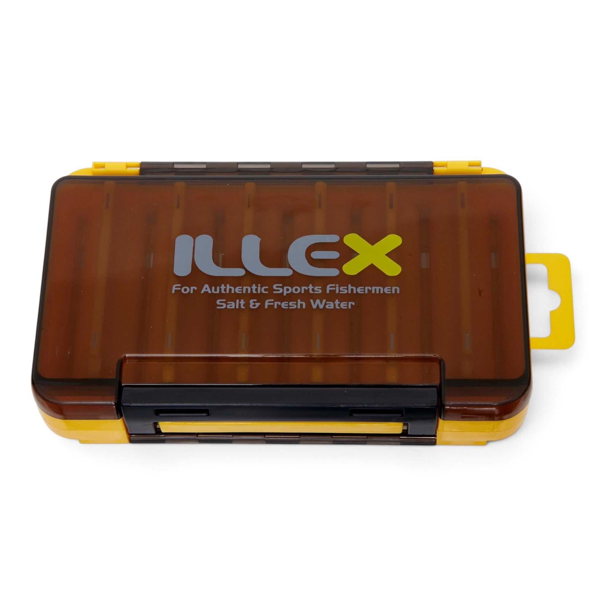Boîte de rangement Crisafish Illex pour accessoires de pêche, modèle compact en plastique rigide jaune et fumé.