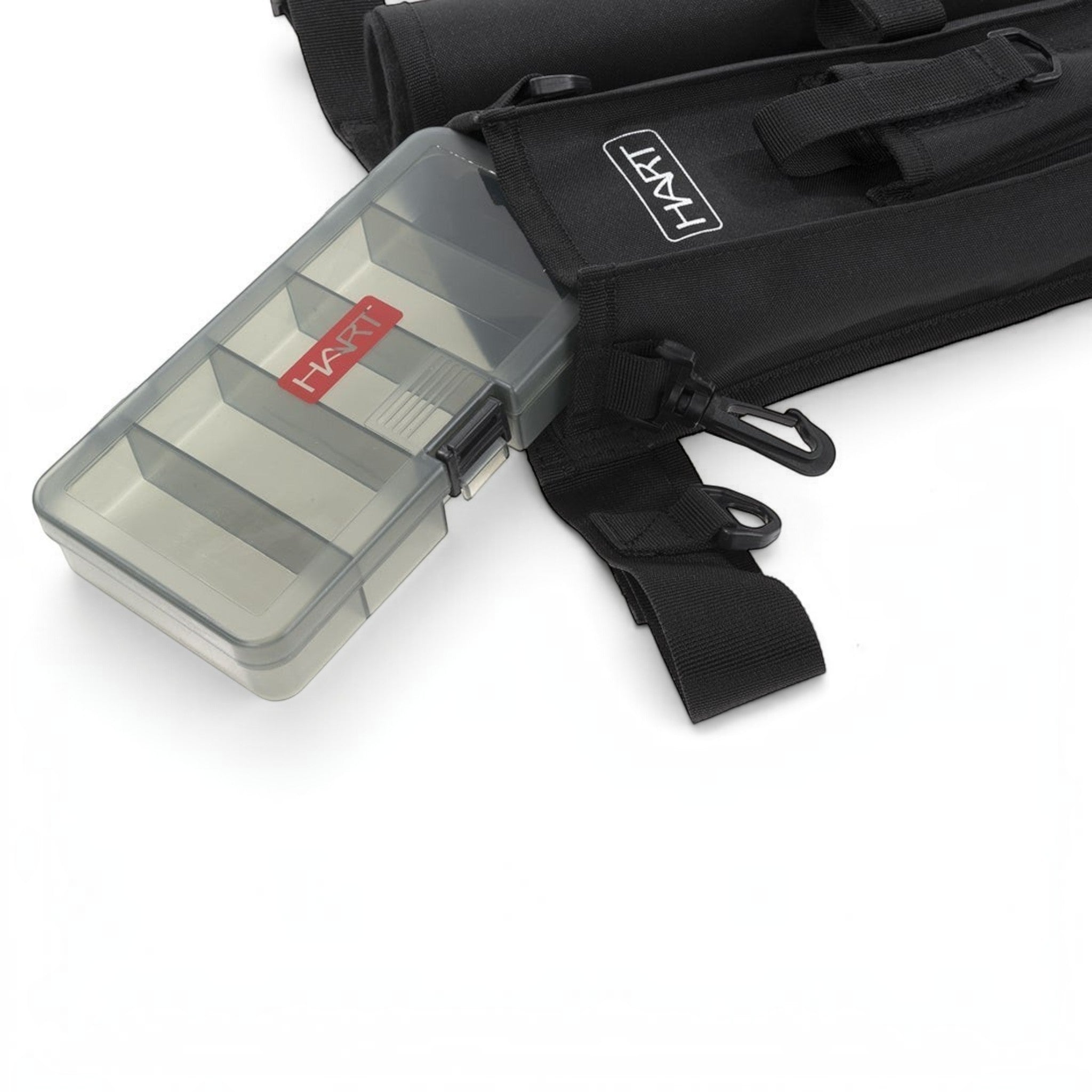 Ceinture de pêche Crisafish HART noire avec support de canne rigide et boîte à leurres transparente intégrée