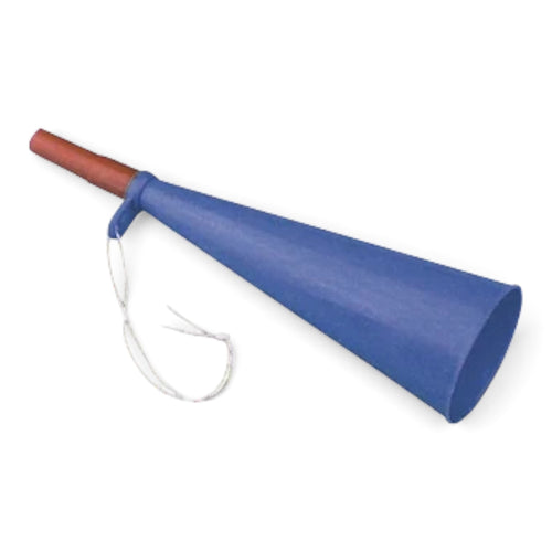 Corne de supporters Crisafish bleue en plastique avec embout marron et dragonne pour événements sportifs