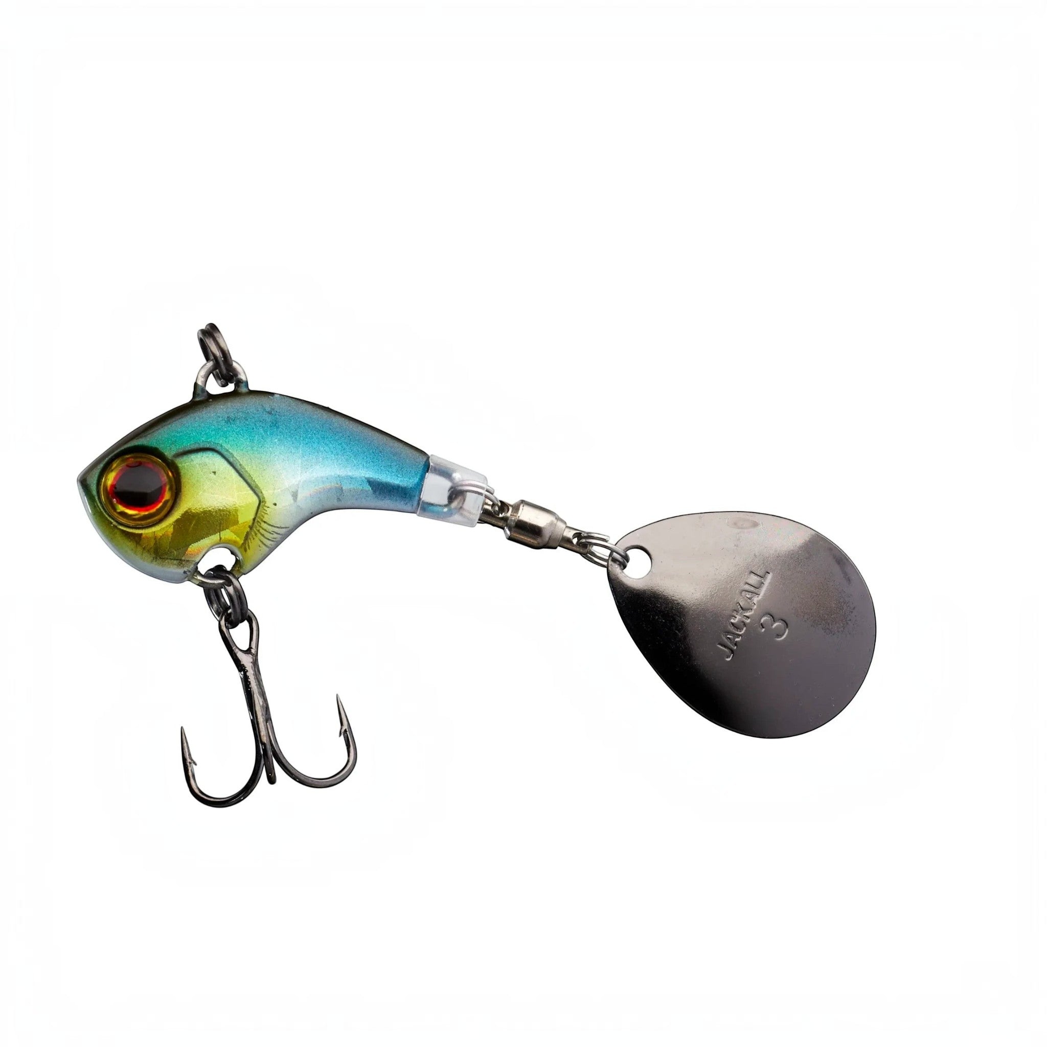 Leurre de pêche hybride Crisafish Jackall Spinnerbait bleu et argent avec palette tournante et hameçon triple