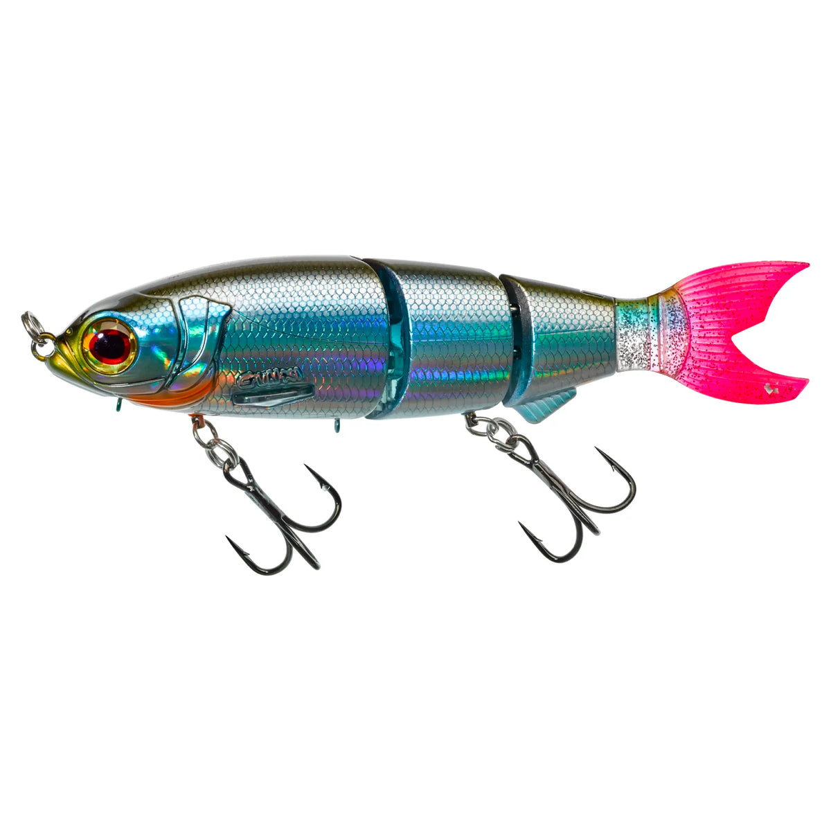 Leurre articulé Crisafish multi-segments argenté et bleu avec queue rose vif et yeux 3D pour la pêche des carnassiers