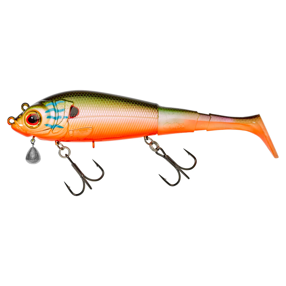 Leurre articulé Crisafish orange et vert avec queue souple, lest intégré et deux hameçons triples pour carnassiers