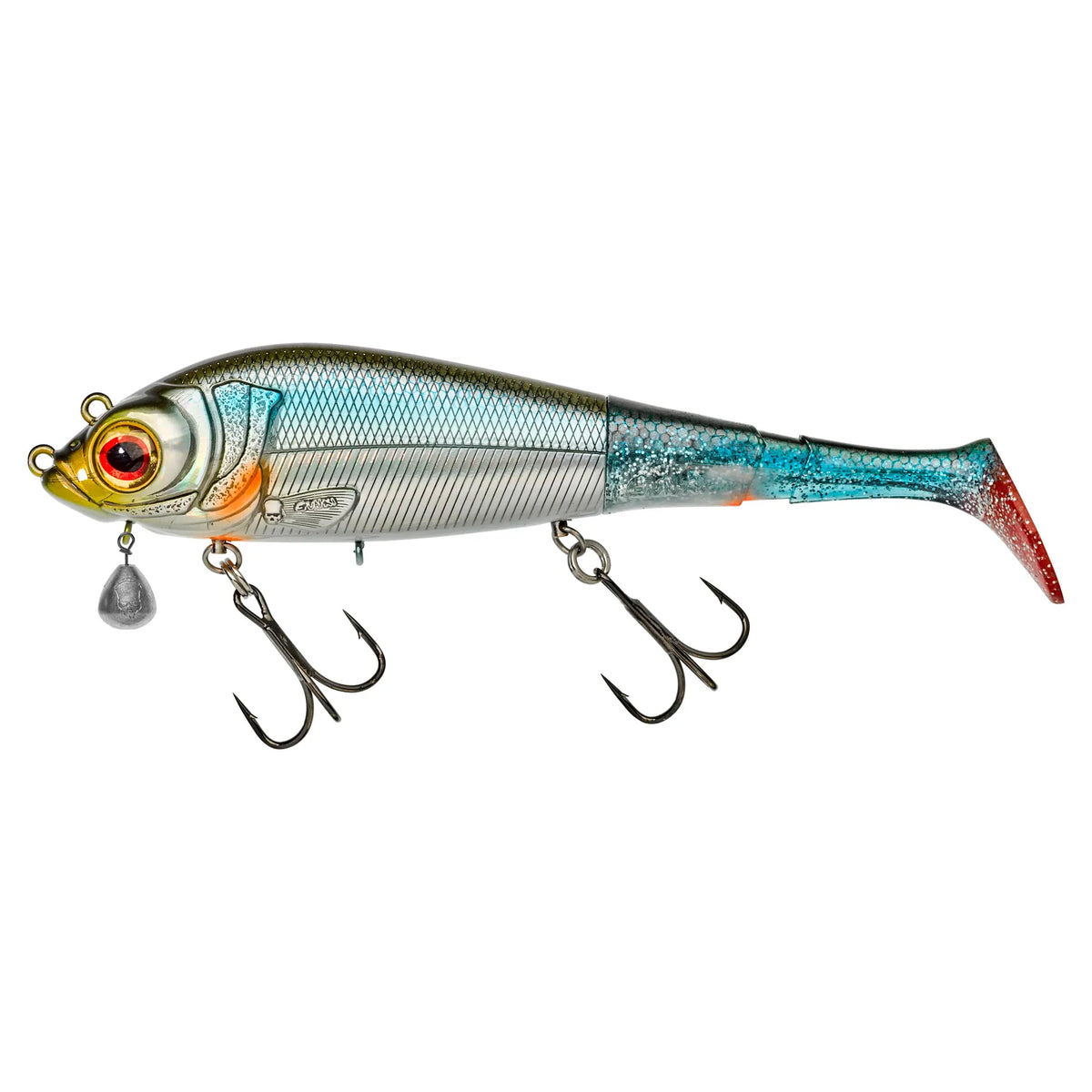 Leurre articulé Crisafish bleu et argent avec queue souple, yeux 3D et hameçons triples pour la pêche aux carnassiers
