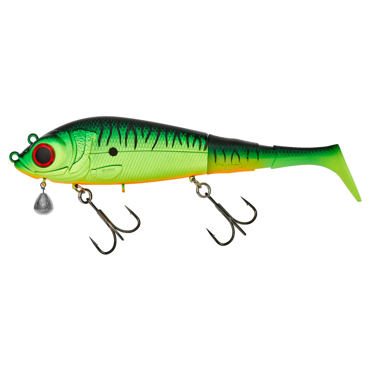 Leurre articulé Crisafish vert et noir avec yeux 3D, queue souple et deux hameçons triples pour la pêche aux carnassiers