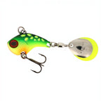 Leurre hybride Crisafish Jackall vert et jaune avec palette tournante et hameçon triple pour la pêche des carnassiers.
