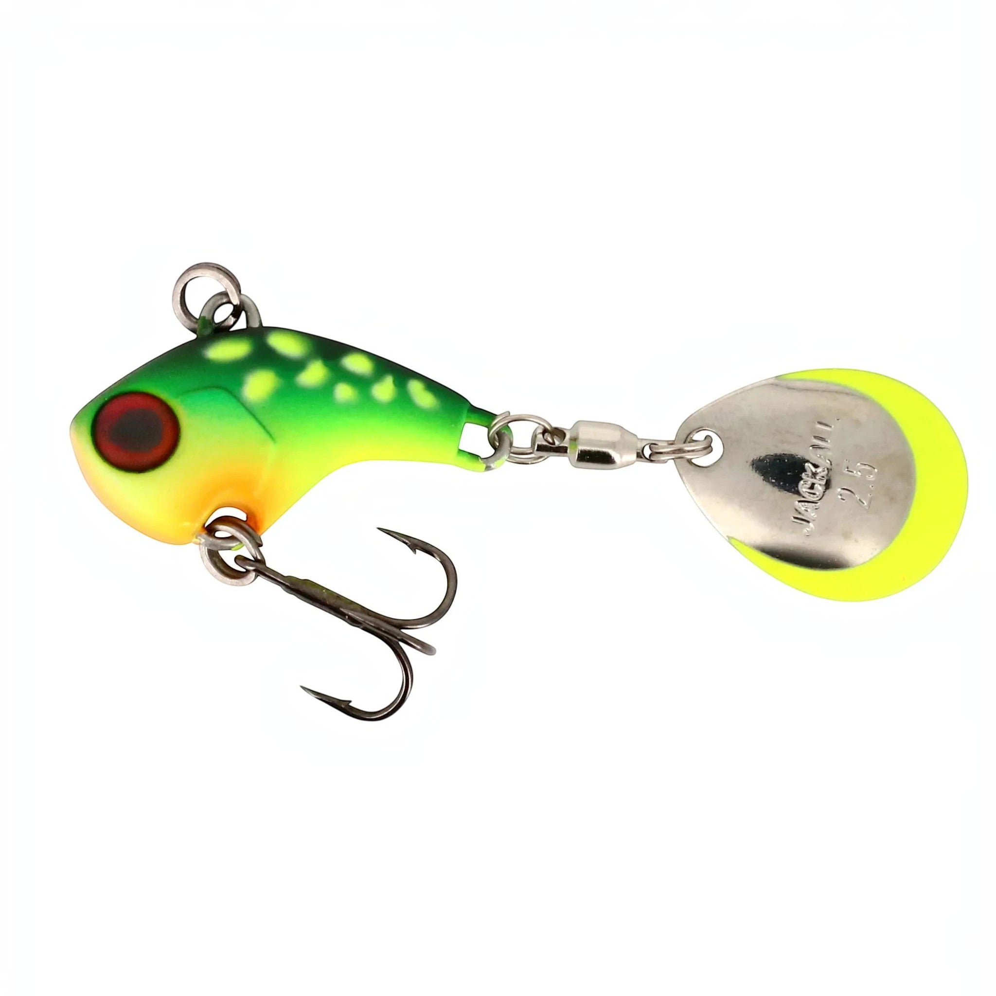 Leurre hybride Crisafish Jackall vert et jaune avec palette tournante et hameçon triple pour la pêche des carnassiers.