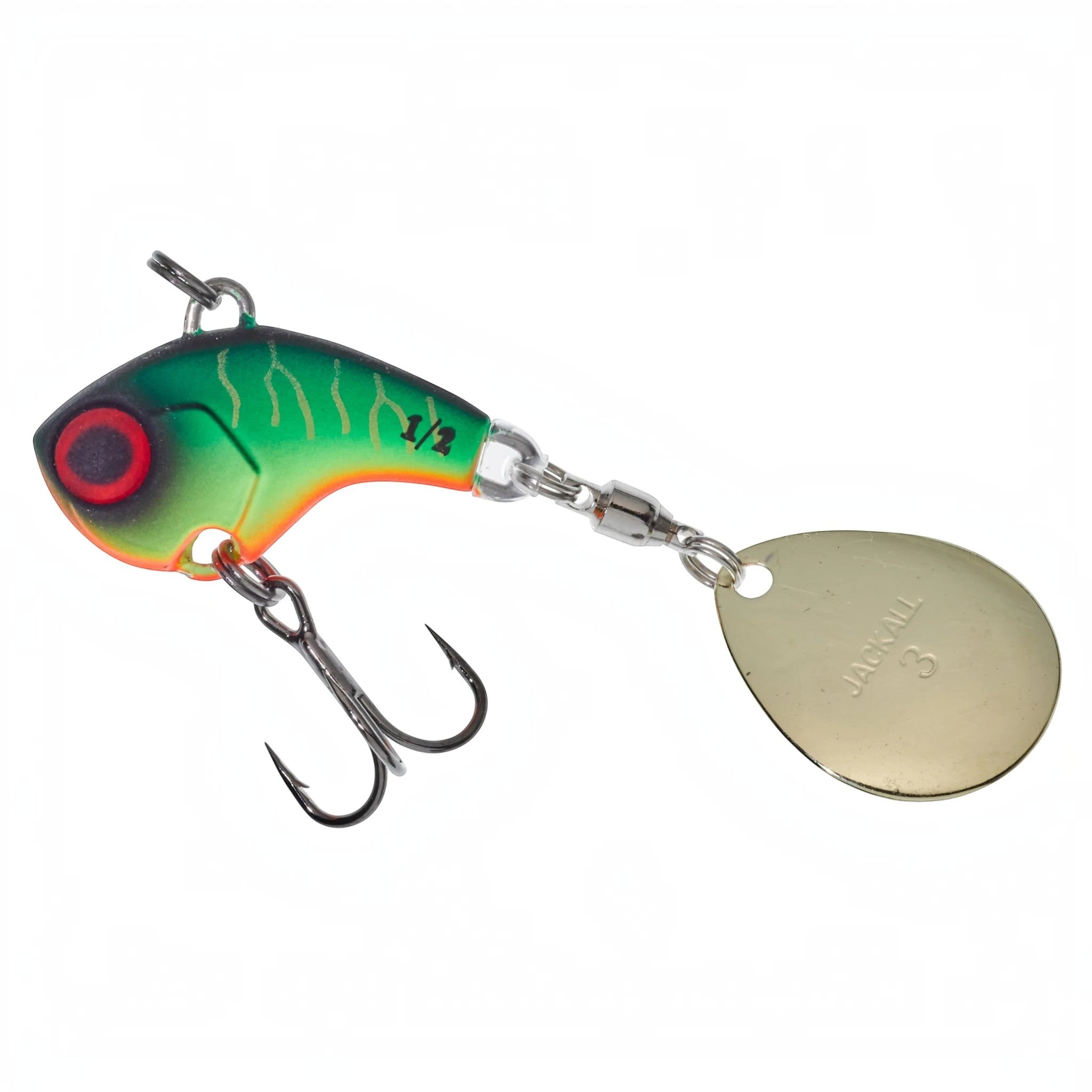 Leurre de pêche hybride Crisafish Jackall, corps vert et orange avec palette dorée et hameçon triple robuste