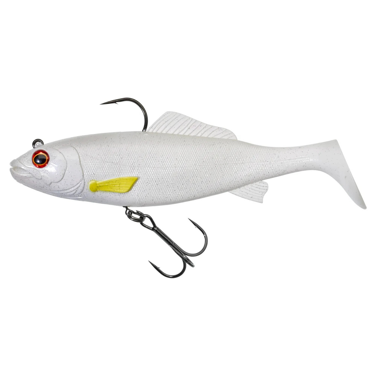 Leurre souple articulé Crisafish blanc avec queue paddle, hameçon dorsal et triple ventral pour la pêche des carnassiers