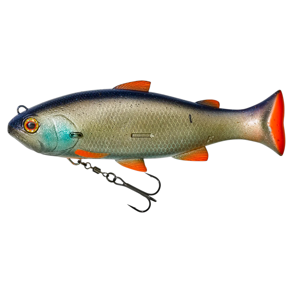 Leurre souple articulé Crisafish réaliste avec yeux 3D, nageoire orange et hameçon triple pour la pêche des carnassiers