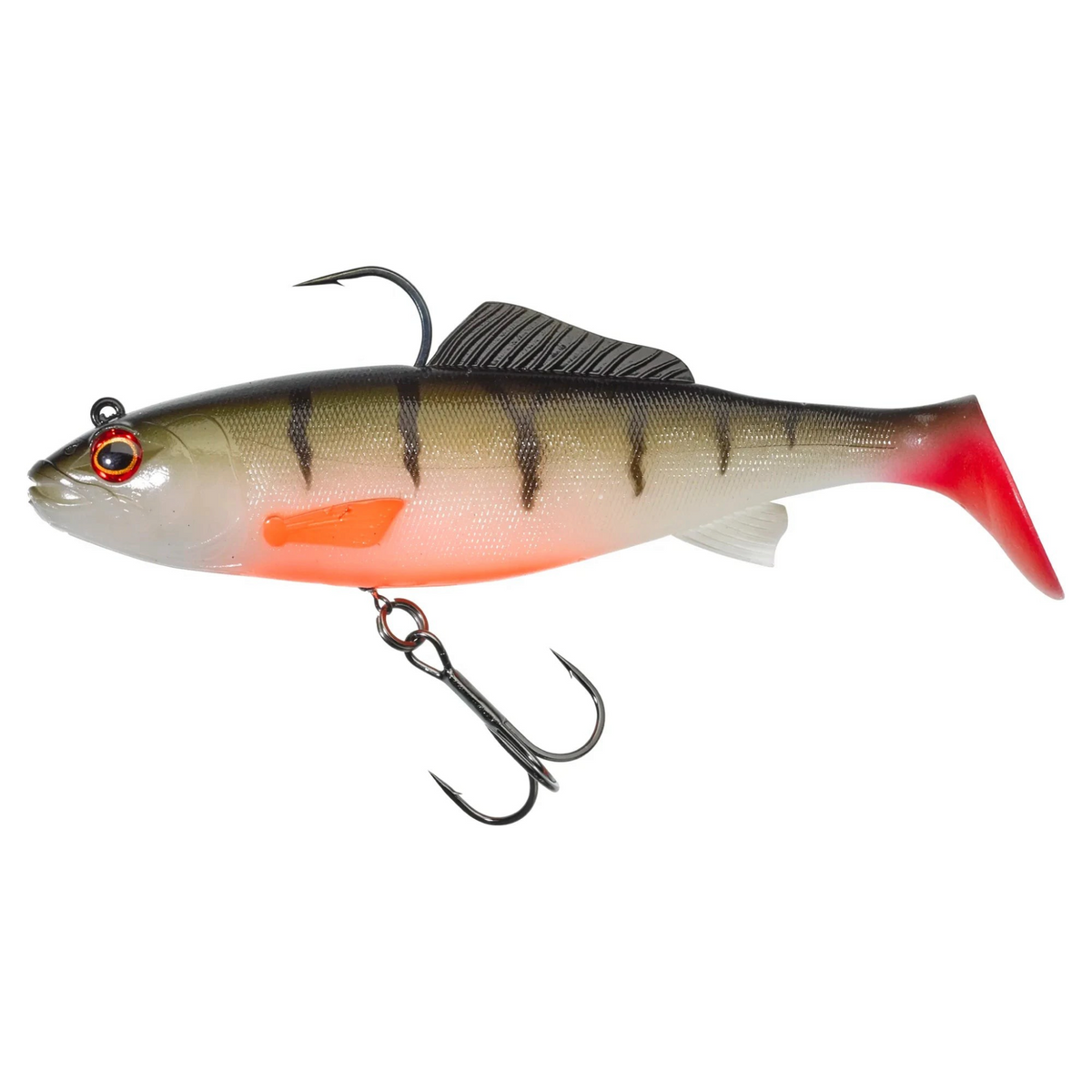 Leurre souple articulé Crisafish imitant une perche avec queue paddle rouge pour la pêche des carnassiers