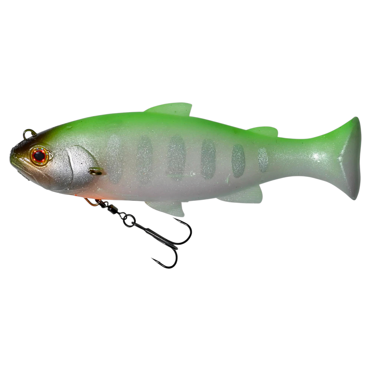 Leurre souple articulé Crisafish vert et argent avec yeux 3D et hameçon triple pour la pêche des carnassiers