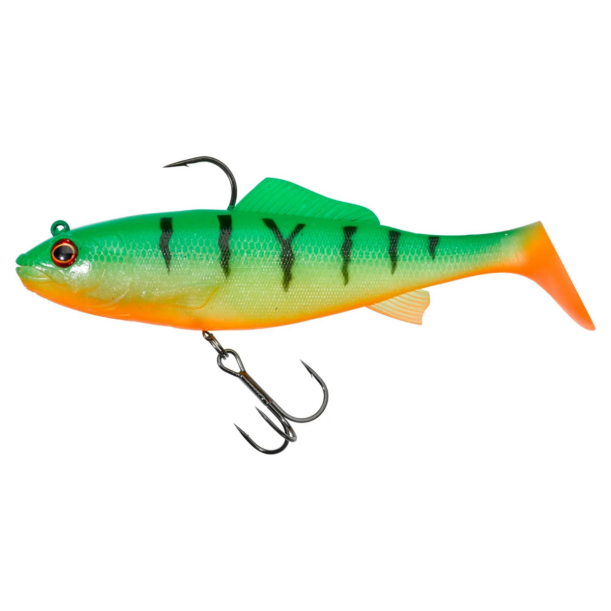 Leurre souple articulé Crisafish imitant une perche avec queue paddle orange pour la pêche des carnassiers