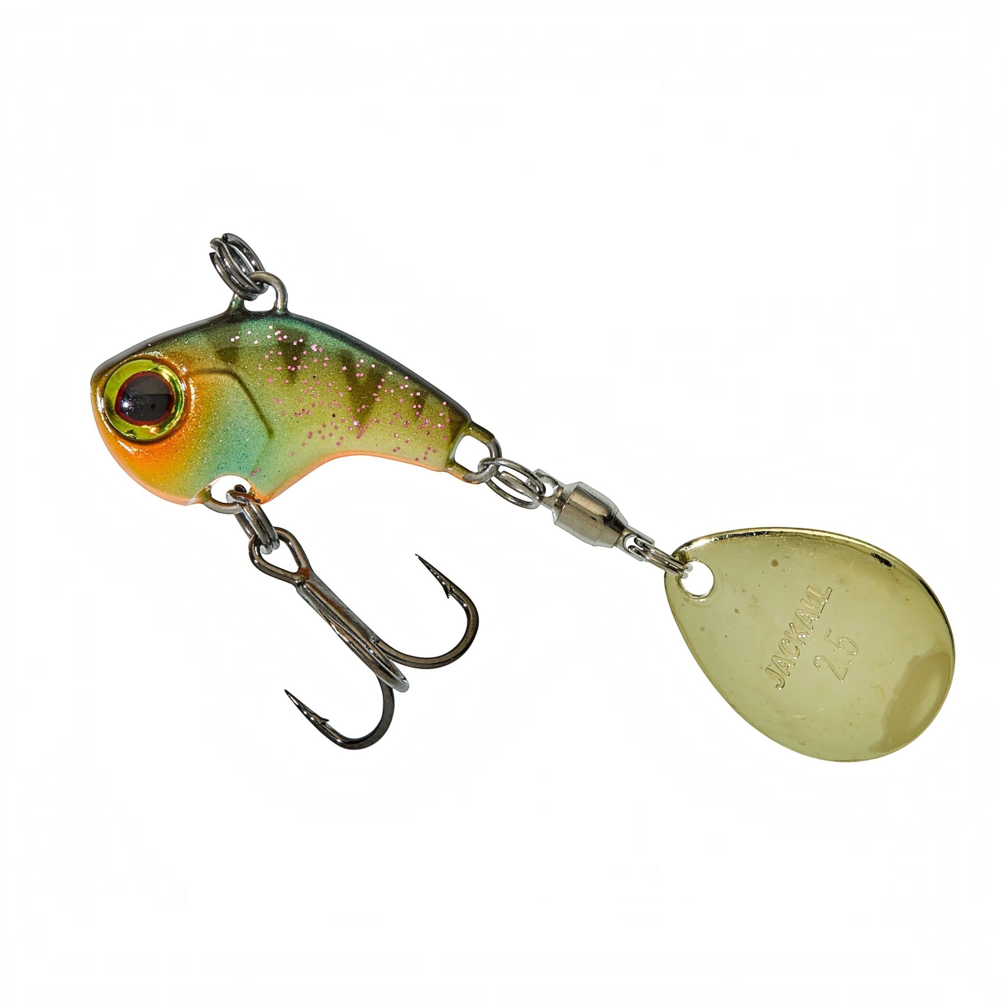 Leurre hybride Crisafish Jackall Spinnerbait avec corps vert pailleté, œil rouge et palette dorée pour la pêche