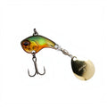 Leurre hybride Crisafish Jackall Spinnerbait avec corps vert et doré, palette tournante dorée et hameçon triple robuste.