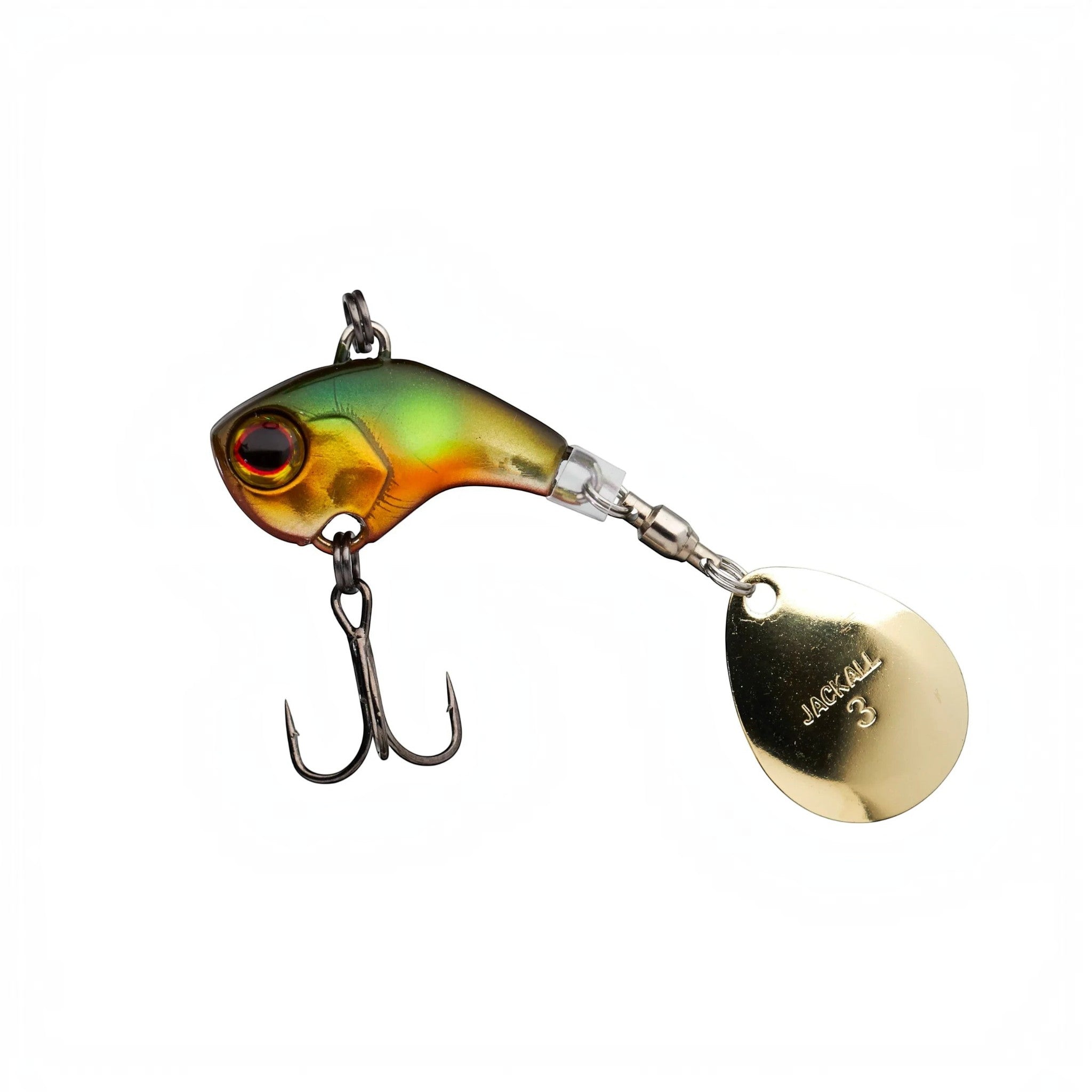 Leurre hybride Crisafish Jackall Spinnerbait avec corps vert et doré, palette tournante dorée et hameçon triple robuste.