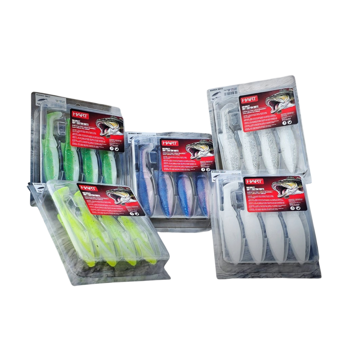 Assortiment de leurres souples Crisafish HART Harris-MIG en emballage blister sur un tronc d'arbre