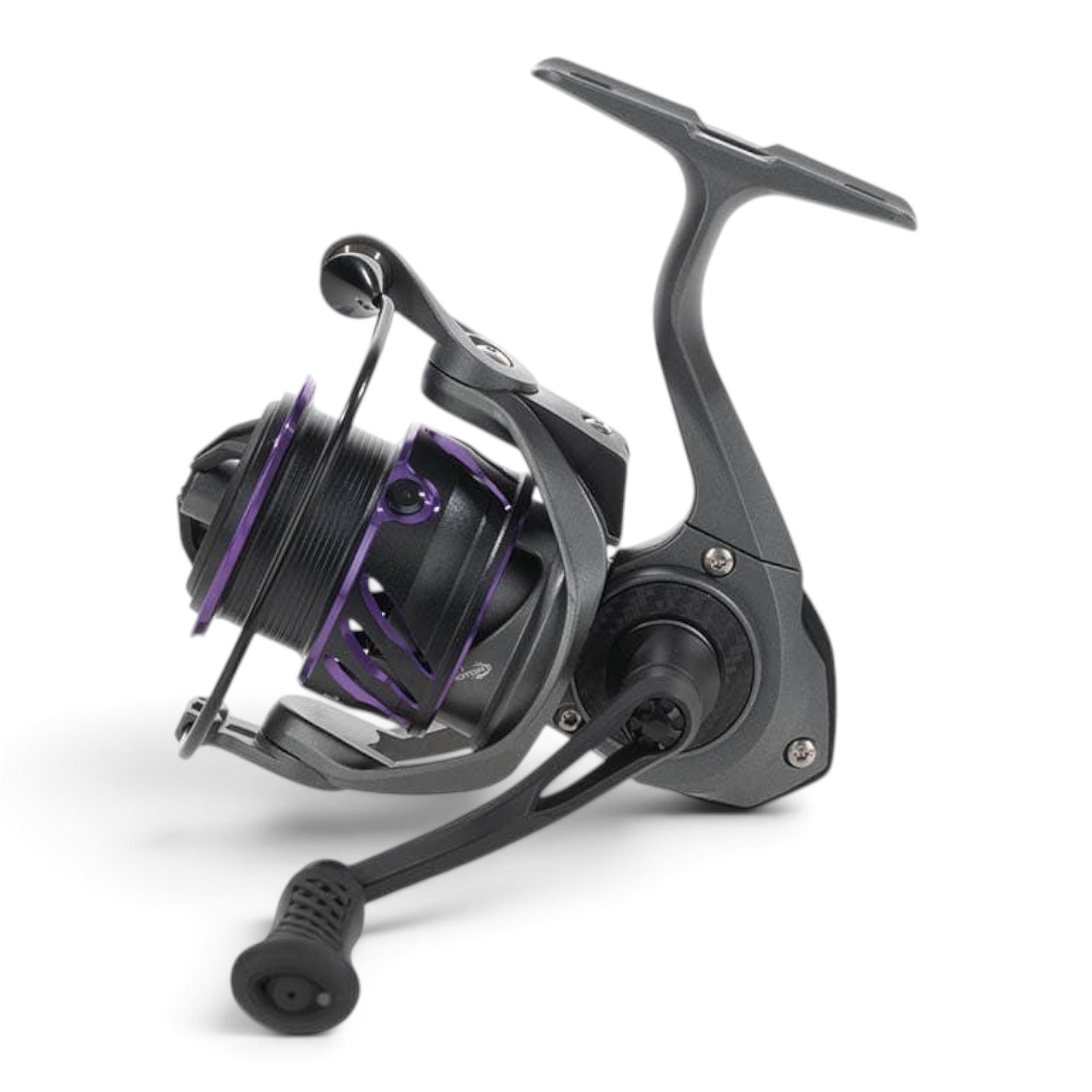 Moulinet de pêche spinning Crisafish HART gris anthracite avec détails violets et poignée ergonomique antidérapante