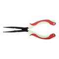 Pince de pêche Crisafish à long bec en métal noir avec poignées ergonomiques antidérapantes rouge et blanc