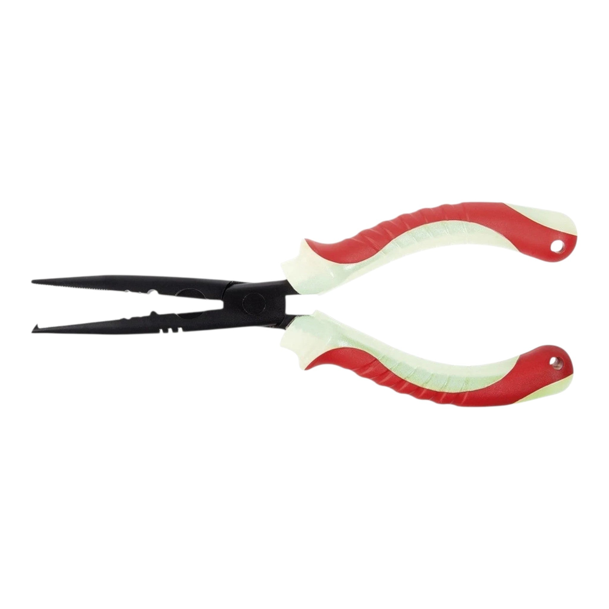 Pince de pêche Crisafish à long bec en métal noir avec poignées ergonomiques antidérapantes rouge et blanc