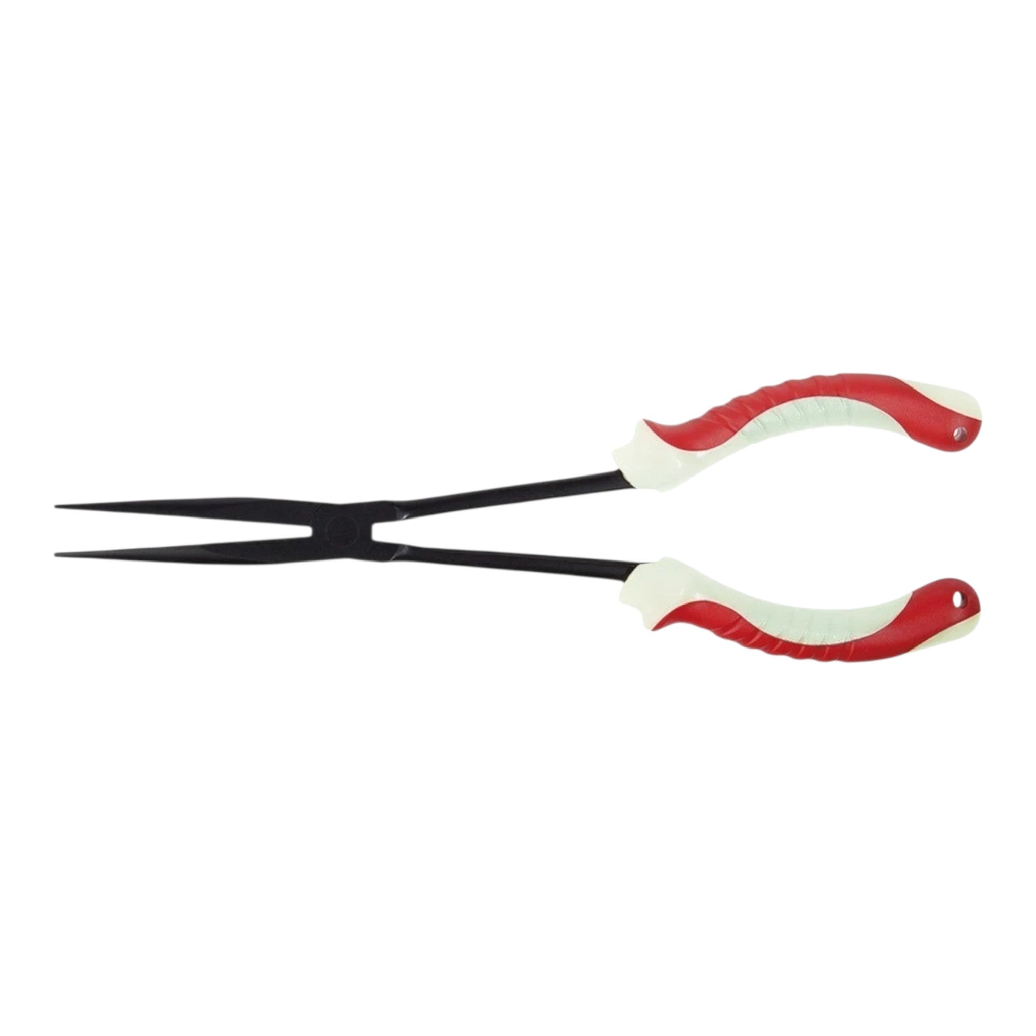 Pince de pêche Crisafish à long bec en métal noir avec poignées ergonomiques antidérapantes rouges et blanches