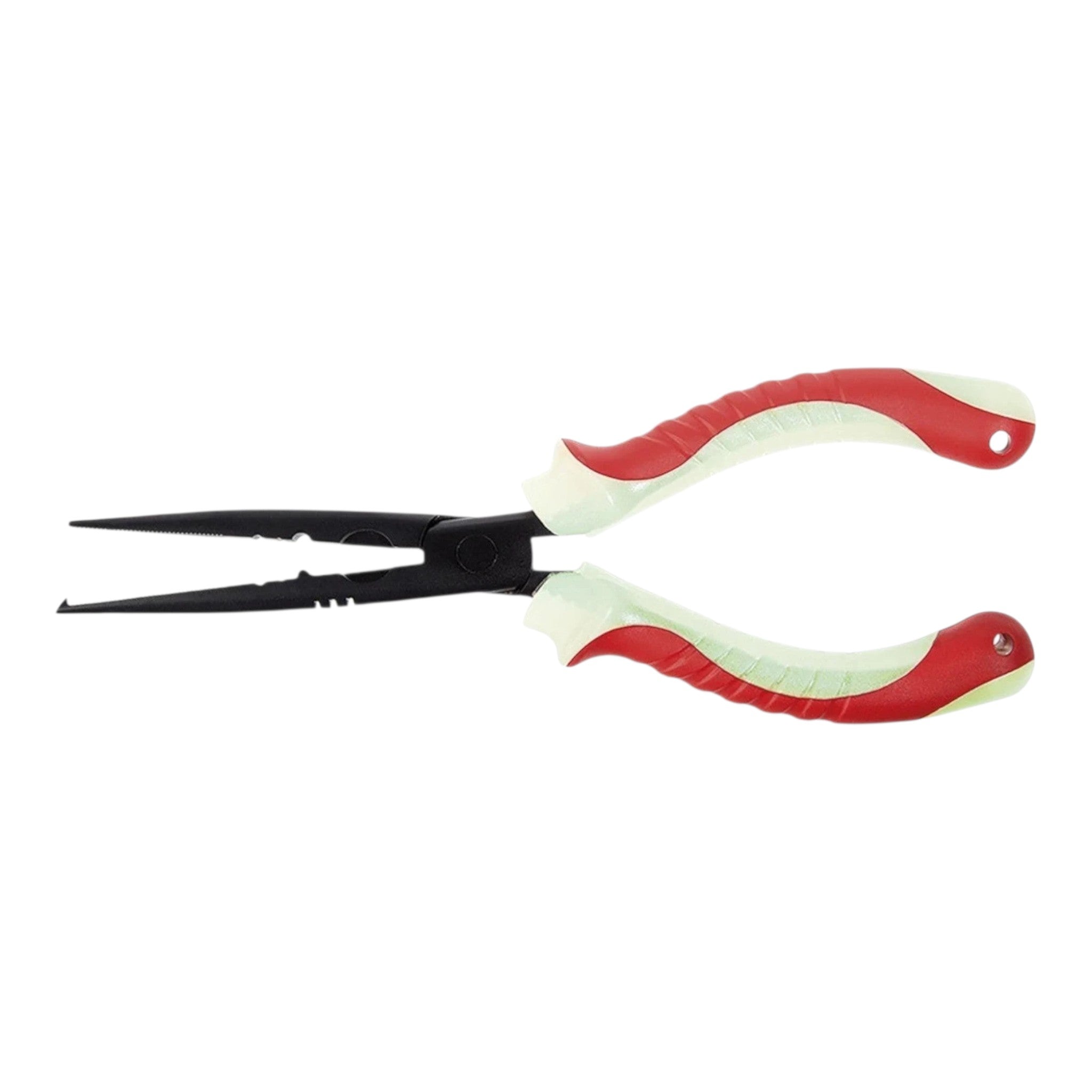 Pince de pêche Crisafish à long bec en métal noir avec poignées ergonomiques antidérapantes rouge et blanc