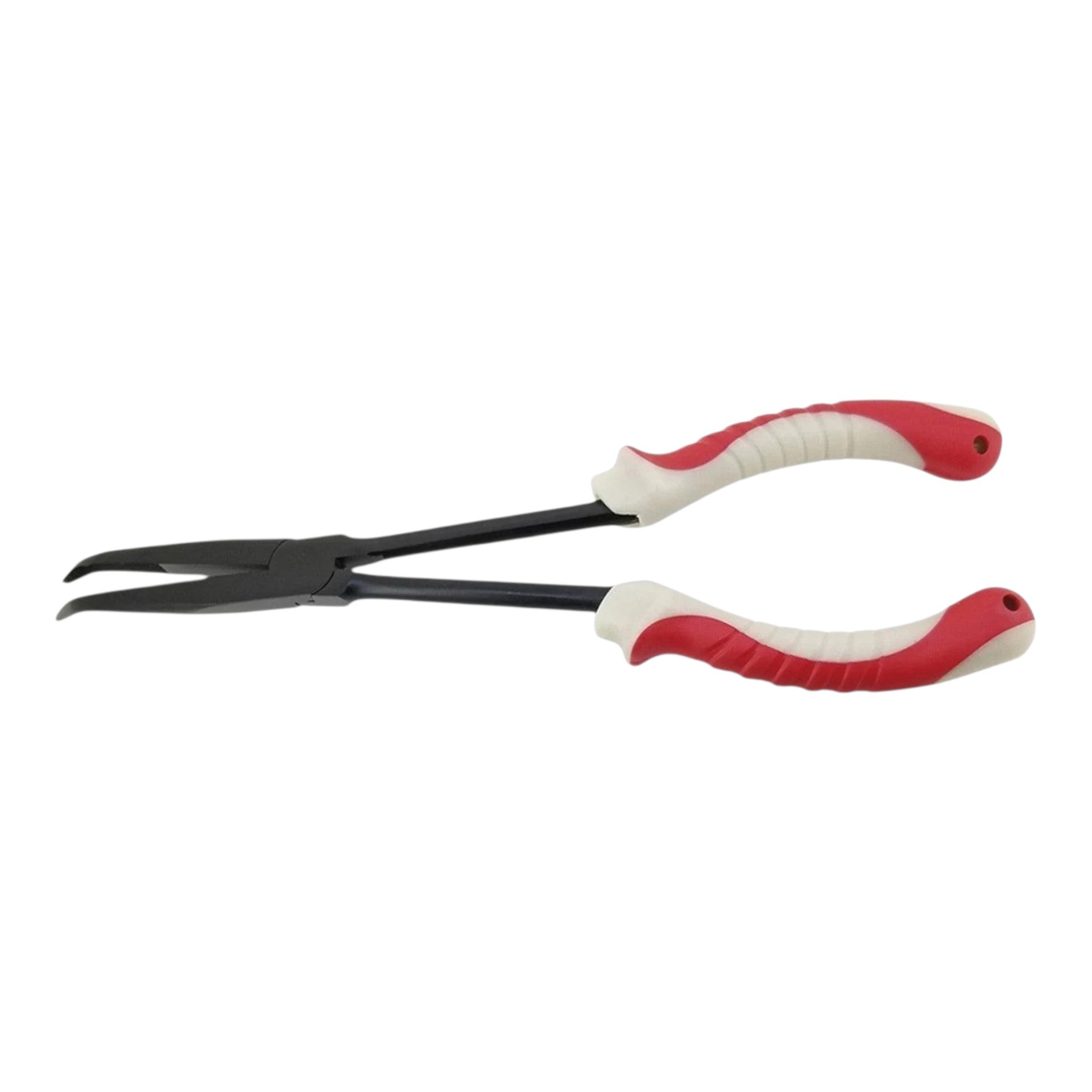 Pince de pêche Crisafish à long bec en métal noir avec poignées ergonomiques antidérapantes rouges et blanches