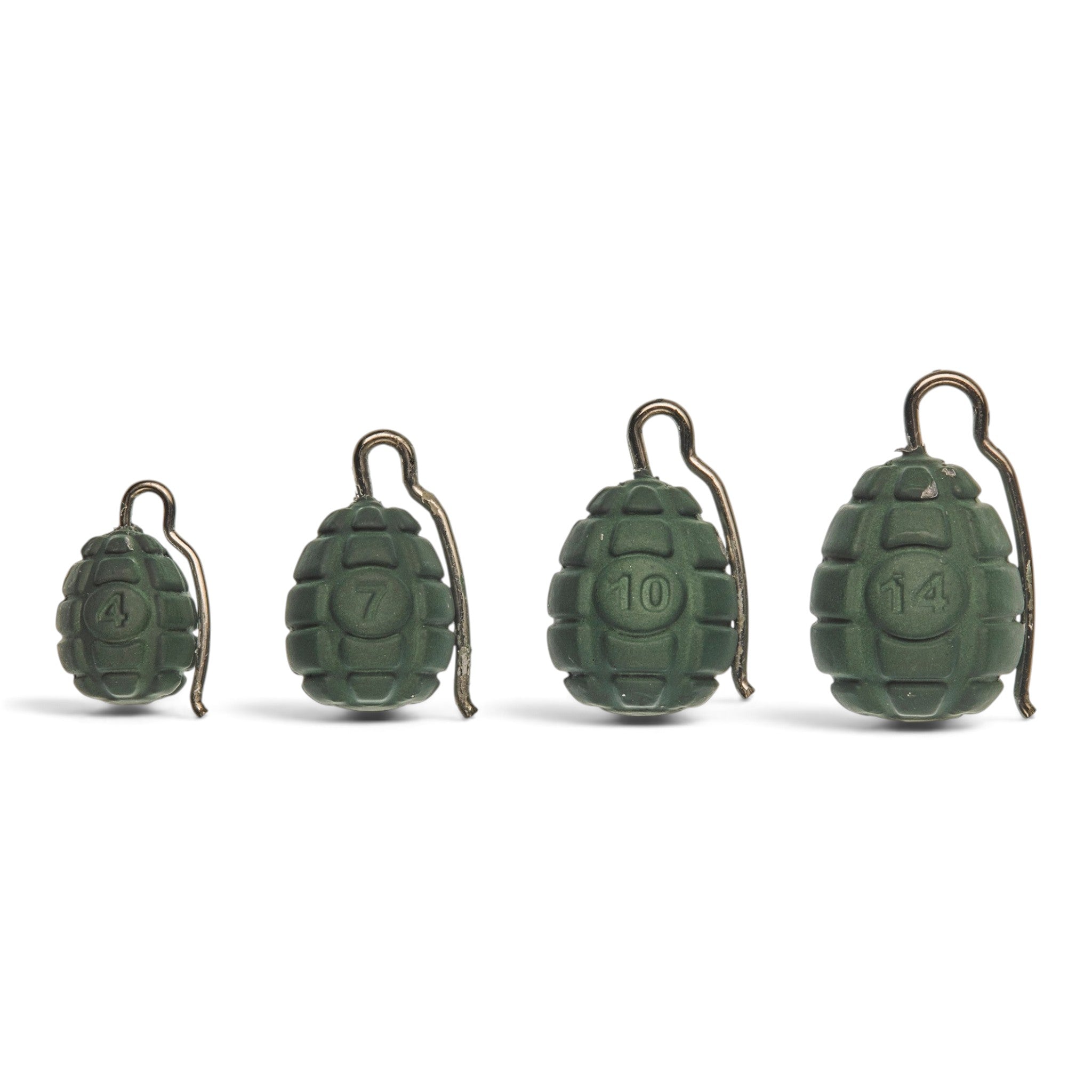 Plombs de pêche Crisafish en forme de grenade vert mat avec attache métallique, disponibles en différents grammages.