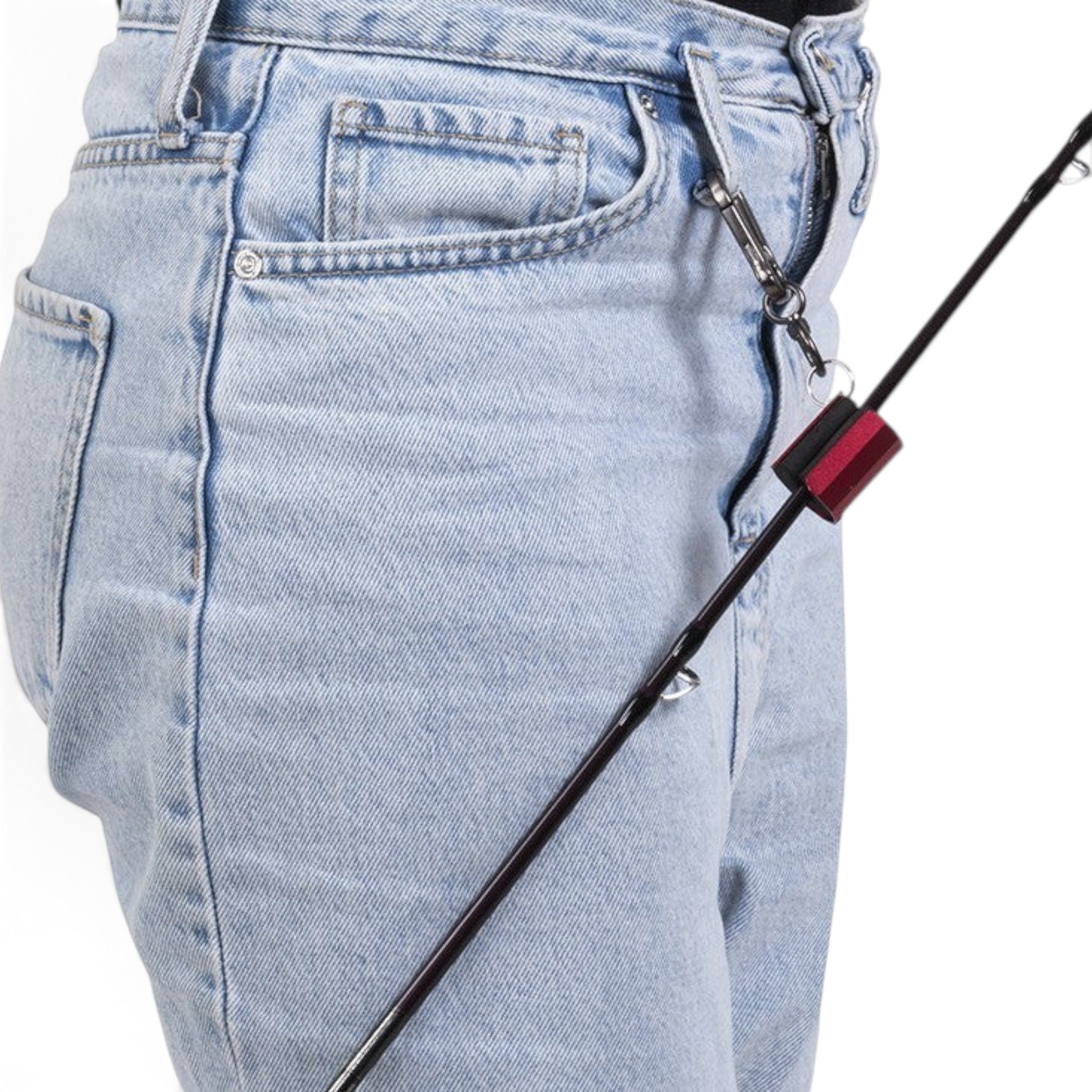 Support de canne à pêche Crisafish rouge en aluminium avec mousqueton fixé à une ceinture pour garder les mains libres