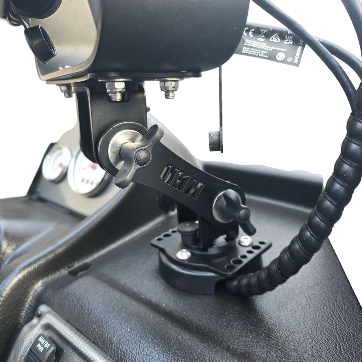 Support d'écran d'échosondeur Crisafish noir en aluminium réglable, fixation robuste pour bateau.