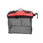 Sac de conservation de pêche Hart pliable en filet noir avec couvercle rouge et poignée de transport ergonomique.